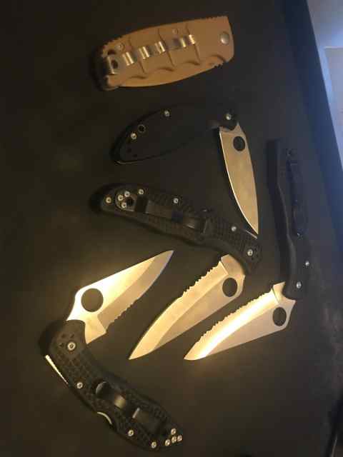 Four Spiderco Knives And one Boker Switch Blade!